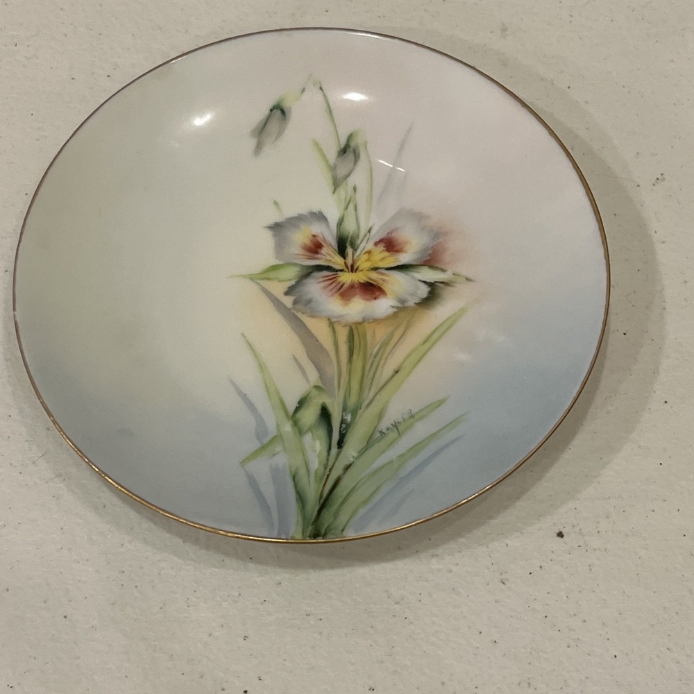 VTG Bavaria Plate Hand Painted Porcelain Signed Kayser Gold Trim 6" Iris Orchid
